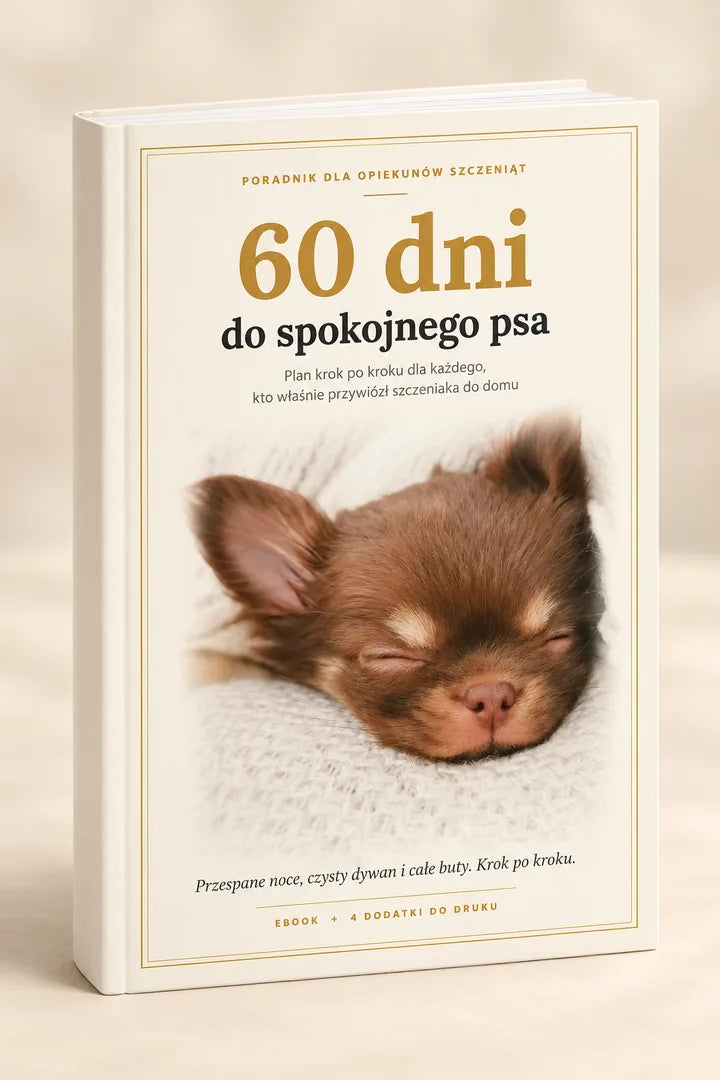 Okładka ebooka 60 dni do spokojnego psa ze śpiącym szczeniakiem